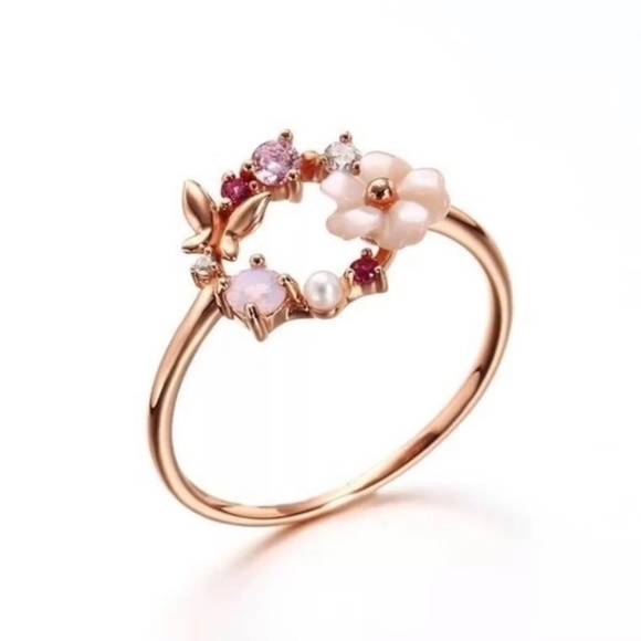 Rose Gold Creative Flower Butterfly Circle Ring - Picture 3 of 3